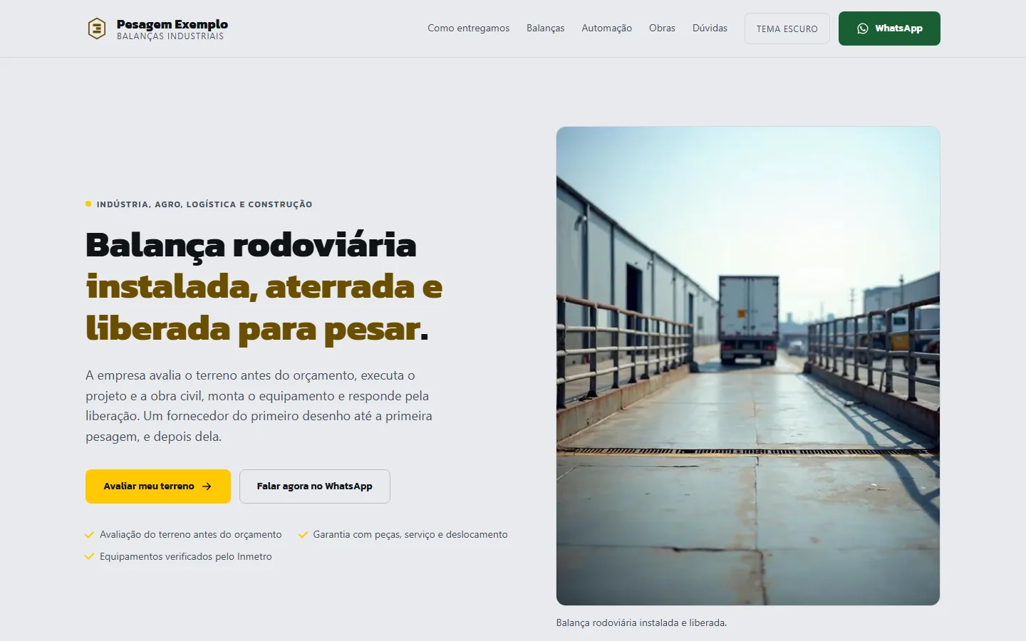 Primeira tela do site reconstruído: título claro sobre o serviço, dois botões e uma foto da balança.